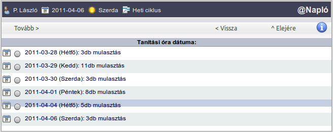 Osztályfőnöki feladatok Igazolások dátum szerint Egy tanítási nap dátumából kiindulva, arra a napra minden tanuló igazolását rögzítheti.