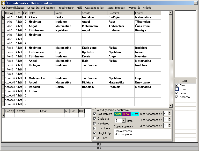 8., Órarend készítés Amennyiben felvittük az összes fontos adatot, itt készíthetjük el az órarendet. Először állítsuk be a különféle feltételeket, amiknek szeretnénk ha megfelelne az órarend.