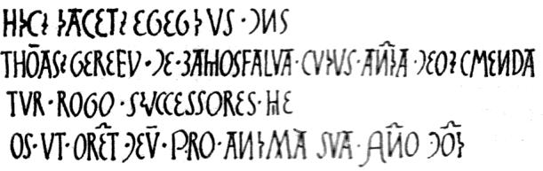 263 Méretei: 170 cm magas, 81 cm széles. Anyaga: mészkő. Felirata: (Feloldva: Hic jacet egregius dominus Thomas Gereu de Zamosfalva cujus anania Deo commendatur.