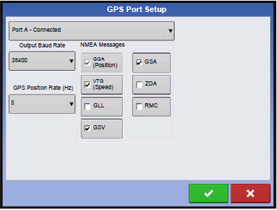 A Soros Port Beállítások oldalon állíthatja be a GPS kimeneteket. Az oldal megjelenése a GPS vevőtől függően változhat. Balra a GPS 1500 és 2500-as antenna Soros Port Beállítási oldala látható.