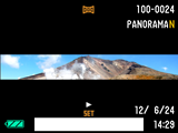 Panorámakép megtekintése 1. Nyomja meg a [p] (LEJÁTSZÁS) gombot, majd a [4] és [6] gombok segítségével jelenítse meg a kívánt panorámaképet. 2.