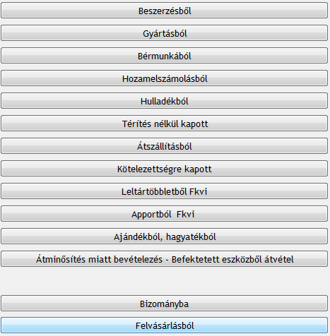 A bevétel gomb egérrel való megnyomásánál elvégezhető készletnövekedési műveletek. A Bevétel indítható Enter gombbal is.