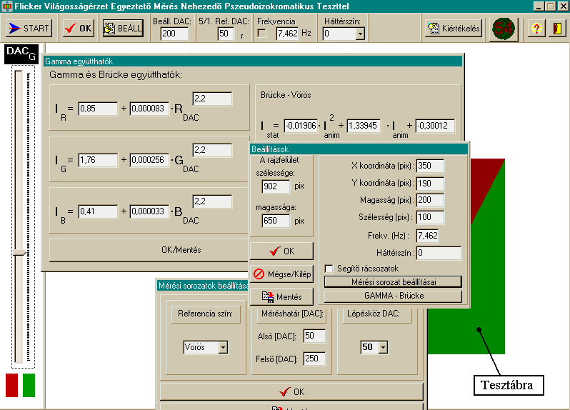 4. Vizsgálati körülmények és vizsgáló-szoftverek 50 4.4.1 A DM, MDB és MDM világosság-észlelet vizsgáló alkalmazás Az alkalmazással tetszőleges háttéren jeleníthető meg két azonos, de tetszőleges méretű négyszög alakú primer tesztábra.