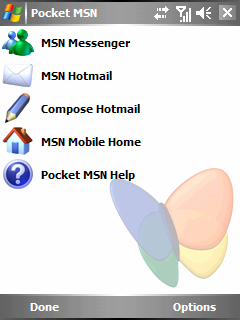 6.5 Pocket MSN A Pocket MSN gyakorlatilag azonnali hozzáférést biztosít a naprakész MSN Hotmail fiókhoz, az MSN Messenger partner listához, és a Pocket MSN beállításához.