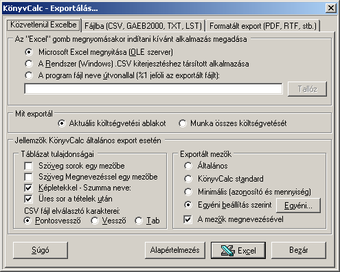 39. oldal 9 EXPORT IMPORT LEHETŐSÉGEK A KÖNYVCALCBAN 9.1 Exportálás közvetlenül Excelbe Ezt akkor érdemes, használni, ha az adott számítógépre telepítve van az Excel táblázat kezelő.