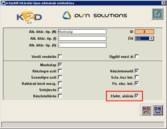 Kitárolás típusonként állítható az Alkatrészkereskedelem/Törzskarbantartók/Kitárolás típusok modulban, hogy a rendszer mely típusú kitárolásoknál kérjen elektronikus