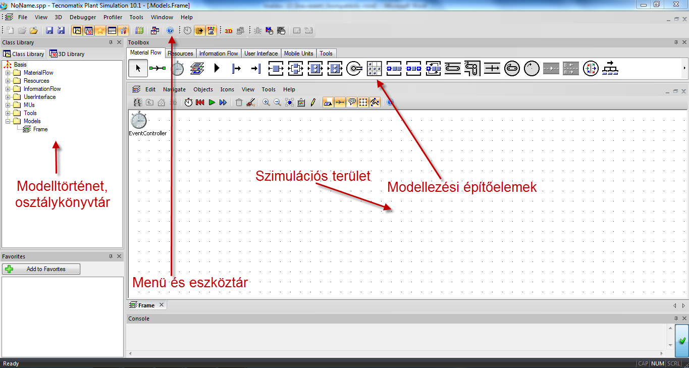 Menü és eszköztár: hasonlóan minden Windows alapú programhoz a Plant Simulation szabványos eszközöket nyújt a fájlműveletekhez, az ablakok kezeléséhez stb.