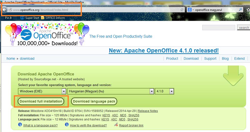 Apache OpenOffice telepítési útmutató 1. Az OpenOffice magyar nyelvű verziójának telepítését az alábbi oldalról tudod elkezdeni. Katt a linkre: http://www.openoffice.