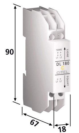 DL 180... 1 érpár védelme A DL 180 típusú védelem egyrészes készülék, elosztószekrényekbe telepíthetõ, kalapsínre szerelhetõ kivitel. A készülék 1TE szélességet foglal el.
