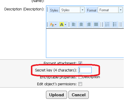 S47C01 Encrypt attachment S47C01 Encrypt attachment Mark this checkbox to encrypt the attachment. If the box is marked, a new field appears asking for a 4 character long password.