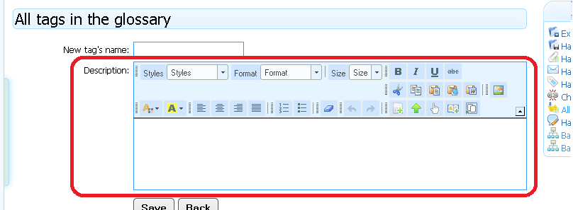 S59T01 All tag sin the glossary S59T01 All tag sin the glossary The label refers to the operation which can be performed in WebGlossary v2.0. S59F01 New tag s name S59F01 New tag s name Type here the name of the tag you wish to associate with the glossary.