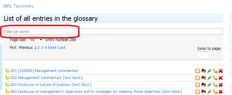 that can be performed with the glossaries. Only icons relating to operations that we have a permission for are displayed. These icons have been described previously.