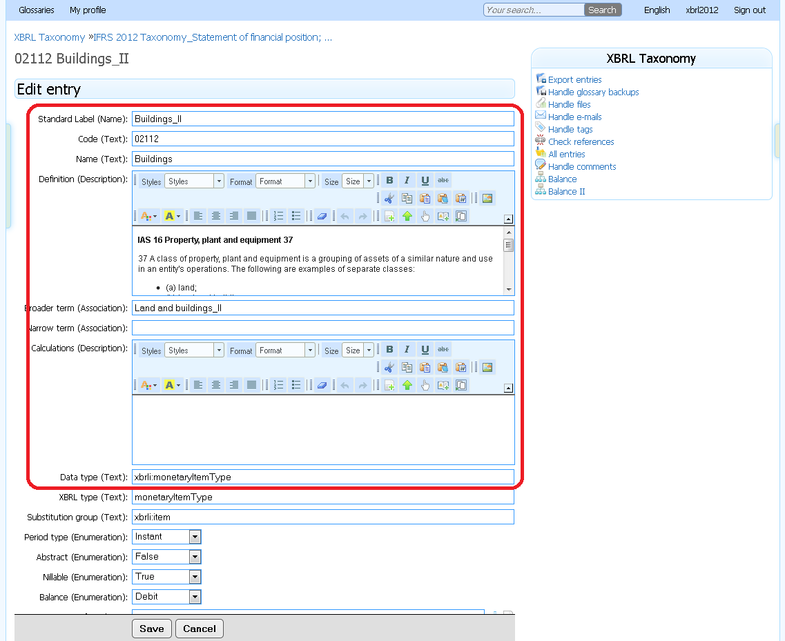 S77T01 Edit entry S77T01 Edit entry The label refers to the operation which can be performed in WebGlossary v2.0. S77F01 Attribute value S77F01 Attribute value When an entry is edited the previously set attribute values can also be modified.