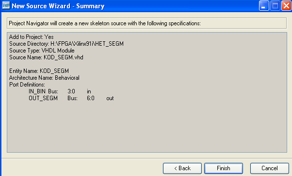 A következő ablakban egy összegzés látható a beállításainkról, ez alapján a program elkészíti a VHDL modul