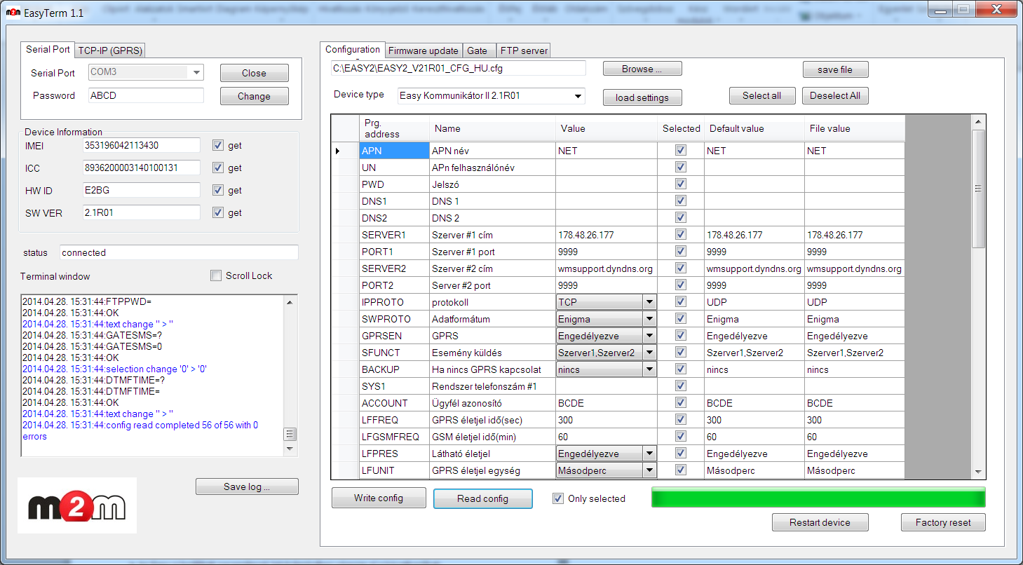A teljes konfiguráció eszközre küldésekor a program az összes paramétert sorban az Easy 2 eszközre küldi.