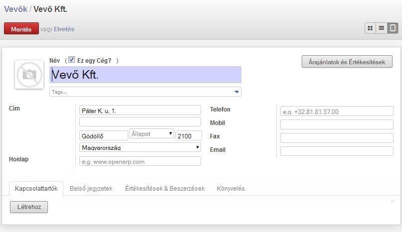 Partnerek beállítások I 16 Elérés: pl. Értékesítés > Értékesítés > Vevők > vevő szerkesztése Cég vagy személy?