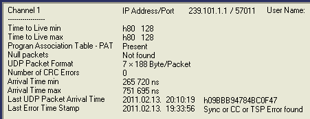 4.2. ábra IPTV stream vizsgálatának mérési eredményei az IP Network Diagnostics lapon A mérési ciklus első másodpercében a szoftver kiolvassa a készülék számlálóinak állapotát, majd törli a számlálók