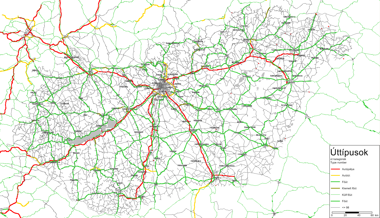 A modell bemenő adatai: úthálózat Hálózat felépítése: OKA-50 alaptérkép 2008 évi hálózati