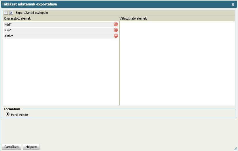 Alapesetben a lehetséges mezők a Kiválasztott elemek oldalon találhatóak. A mezőnevek sorában található gombbal a mezőt ki lehet venni az exportálandóak közül.