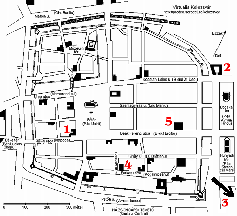 1. Erdélyi Múzeum-Egyesület központi székháza (Rhédey-ház), Jókai/Napoca utca 2. szám. 2. Protestáns Teológiai Intézet, Bocskai/Avram Iancu tér 13. szám. 3.