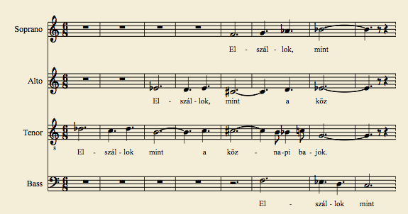 Dávid Gyula kromatikus témái, Bartók dallamalkotásához hasonló módon, többször modális fordulatok kombinációjában vagy igen szűk ambitusban mozgó, skálaszerű dallammenetekben rajzolódnak ki (6.