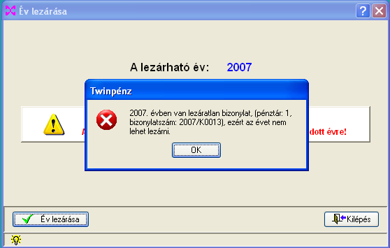 4.2. Éves zárás Az éves zárás elvégzése technikai jellegő folyamat. Célja az elızı év adatainak archiválása és kitörlése az aktuális könyvtárból. A fımenüben az alábbi funkciókat láthatjuk: 4.2.1.