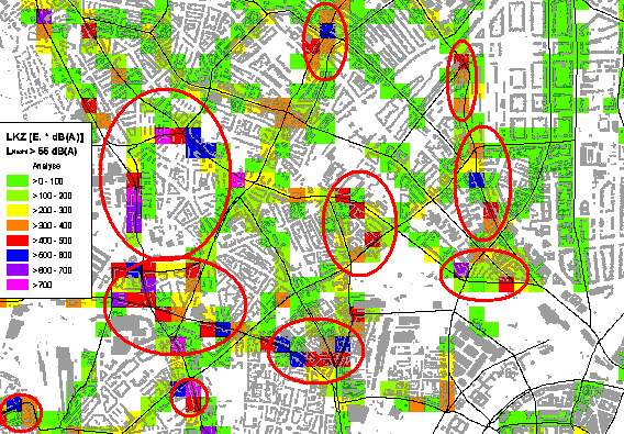 Ugyancsak erre a területre elvégezték a LKZ meghatározását 100x100 m-es raszterekre, és a következő eredményt kapták (piros körökkel jelöltük itt is a konfliktusos helyeket): 18.