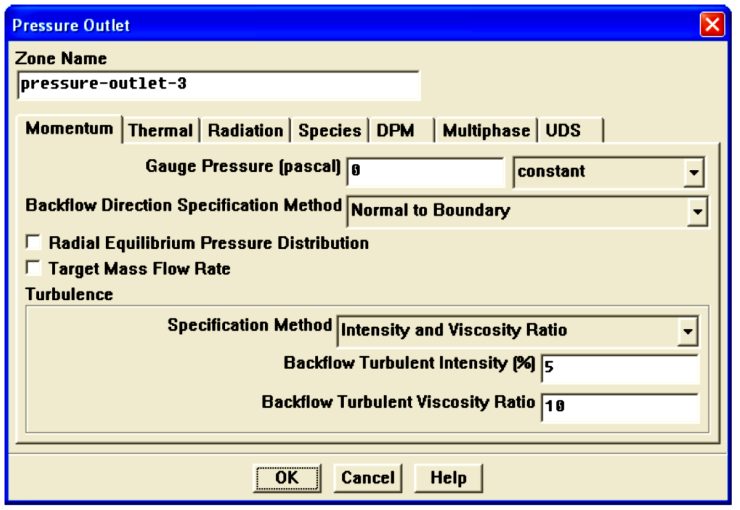 Válassza a sebesség beállításoknál (Velocity Specification Method) a legördülő listából a komponensenként (Components) lehetőséget Axiális sebesség 1,146 m/s Válassza a turbulencia (Turbulence)