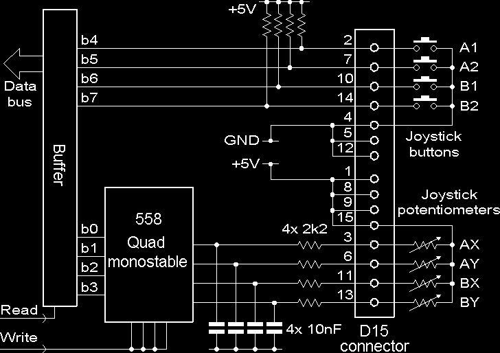 8.1. ábra. A PC joystick csatlakozójának kapcsolási rajza. kondenzátor fel nem töltődik a +5V tápfeszültség kétharmadára (ui. ez az 555-ös belsö triggerszintje).