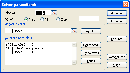 A cellák tartalma: a második sor (A2:AB2) tartalmazza a távolságadatokat, az AD1:AD8 a csúcspontok színeit, a harmadik sor (A3:AB3) a célfüggvény komponenseit.