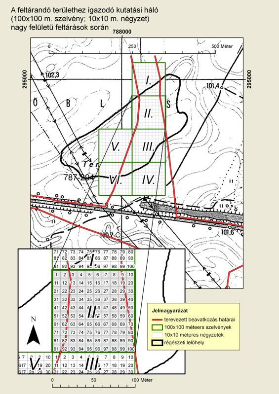 Mentő, próba és megelőző régészeti feltárás 2. A 100 100 méteres szelvényeket a feltárandó terület határaihoz igazodva jelöljük ki.