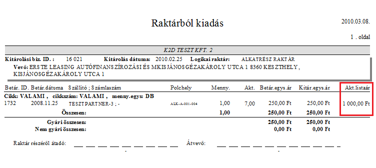 Kitárolás karbantartása ablak Nyomtatás/Raktárból kiadás belső menüpontból lehívható Raktári kiadás riporton szerepeljen-e a törzsben