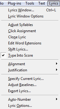 A Lyrics eszköz segítségével nyílik lehetőségünk dalszövegek szólamsorok alá történő beírására (Type Into Score), szerkesztésére (Lyrics Window) és áthelyezésére (Clone Lyrics), a dalszövegszótagok