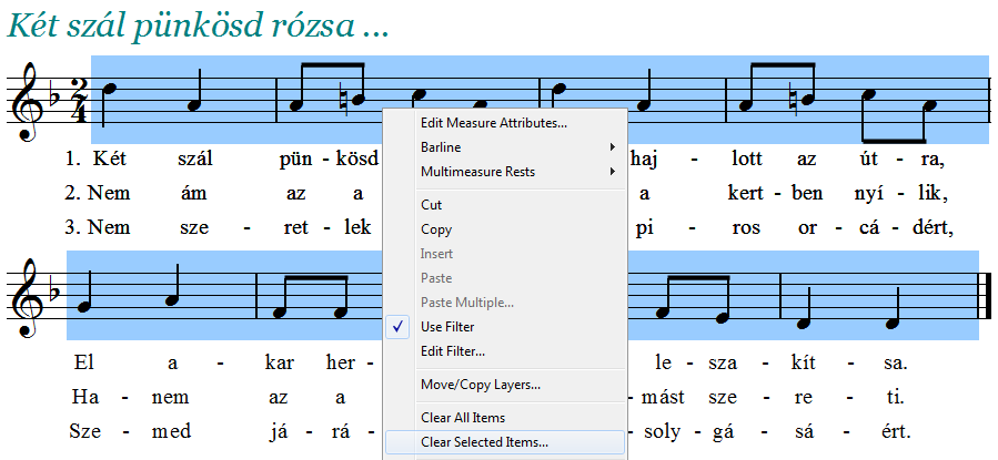 Dalszöveg függőleges igazítása A dalszöveg függőleges igazítását oldalnézetben (Page View) tudjuk elvégezni, a baloldalon található négy háromszög segítségével, amelyek a Type Into Score parancs