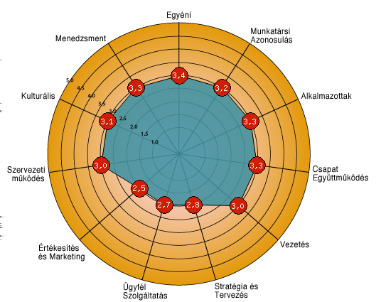 Együttműködés 3,3 (57%) Vezetés 3,0 (50%) Stratégia és Tervezés 2,8 (45%) Ügyfélszolgálat 2,7 (43%) Értékesítés és
