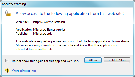 ablak. A Do not show this again for this app and web site bejelölése, majd Allow megnyomás esetén az ablak többet nem jelenik meg az alkalmazásnál. 5.