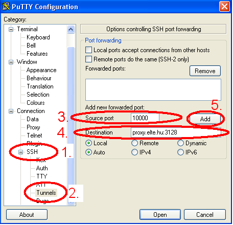 A bal oldali menüben keressük ki: Connection SSH Tunnels menüpontot A "Port Forwarding"