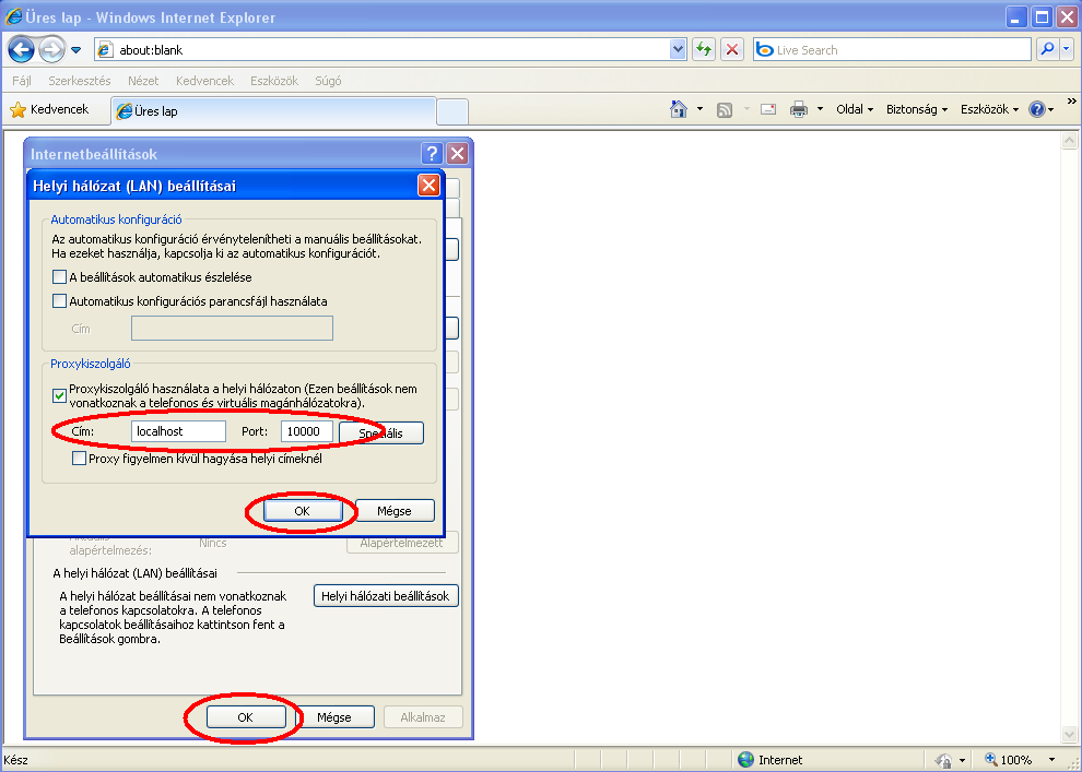 A Proxykiszolgálónál a Címhez írjuk be a localhost-ot, a Porthoz pedig a 10000-et,