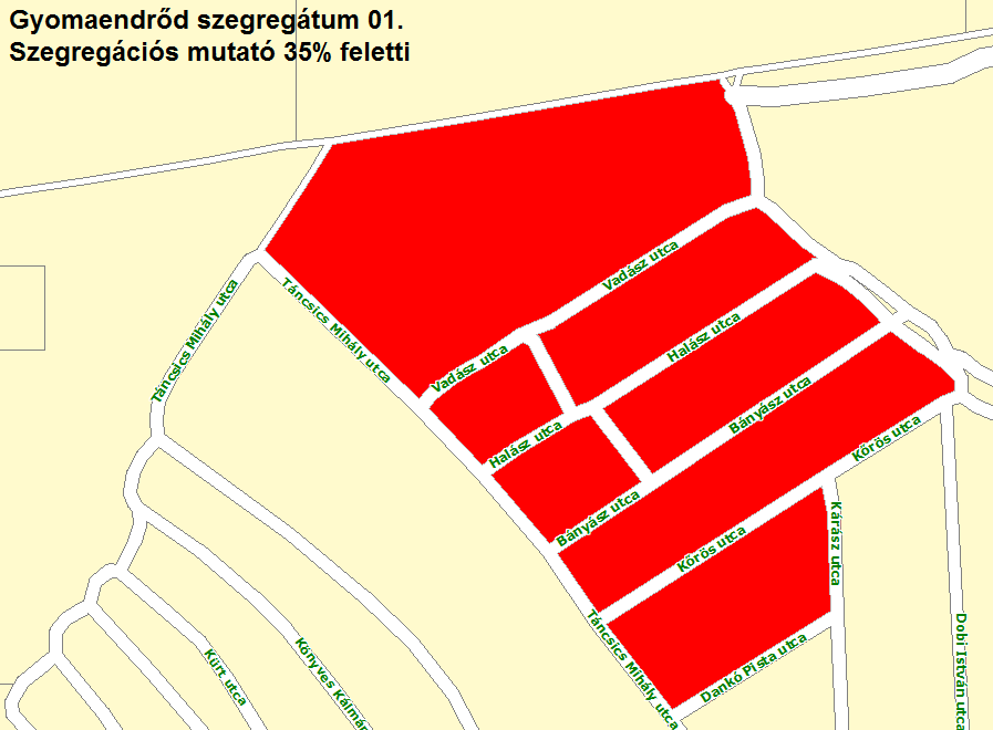 HELYZETFELTÁRÓ - HELYZETELEMZŐ - HELYZETÉRTÉKELŐ MUNKARÉSZEK 169 47. térkép: Az 1. számú szegregátum térképe. 2011.