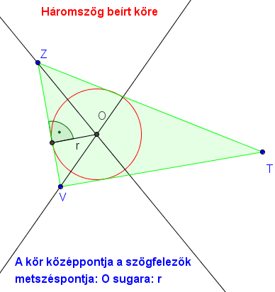 A feladatok megvalósítása nem volt nehéz. A köré írt kört megszerkesztése a Köré írt kör ikonjának kiválasztásával, majd a háromszög csúcspontjainak megadásával történt.