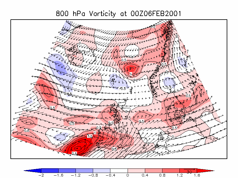 43. ábra. Hőmérséklet az 500 hpa-os szinten o C-ban 2001. 02. 06. 00 UTC-kor a WRF modell alapján.
