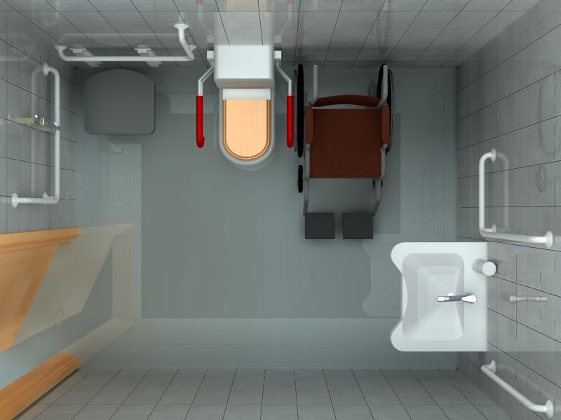 A WC csésze mellett 12,5 cm és 75 cm magasságban segélyhívó gomb van beépítve, amely az ajtón kívül a folyosón, valamint a recepción jelez.
