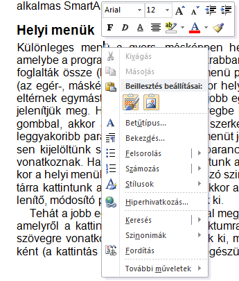 ELSŐ LÉPÉSEK 47 ral, más néven minipulttal, ahonnan sokkal gyorsabban kiadhatók a legfontosabb formázó parancsok. 20. ábra.
