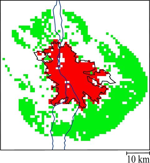 Magassági Modell város: ±50 m, környék: ±100 m a város átlagos tszf-i magasságához képest MODIS Felszín-borítottsági