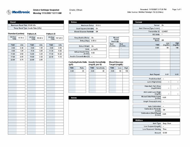 A készülékbeállítások pillanatképének áttekintése A Device Settings Snapshot (Készülékbeállítások pillanatképe) jelentés a beteg inzulinpumpájának vagy Guardian monitorának a készülék leolvasásának