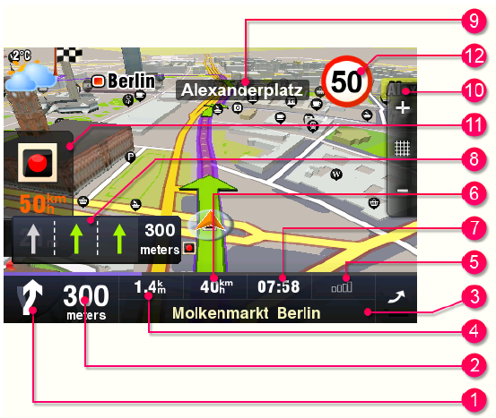 Pontról pontra navigáció A Navigációs Képernyő megjeleníti az önt körülvevő terület térképét, melyen a kiszámított útvonal kék színnel van megjelölve.