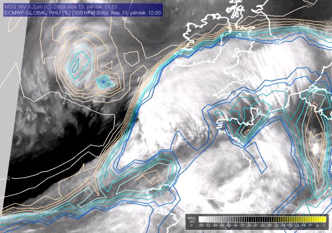 NWP validálása műholdképek alapján ECMWF péntek 12 UTC analízis RHU 300 hpa