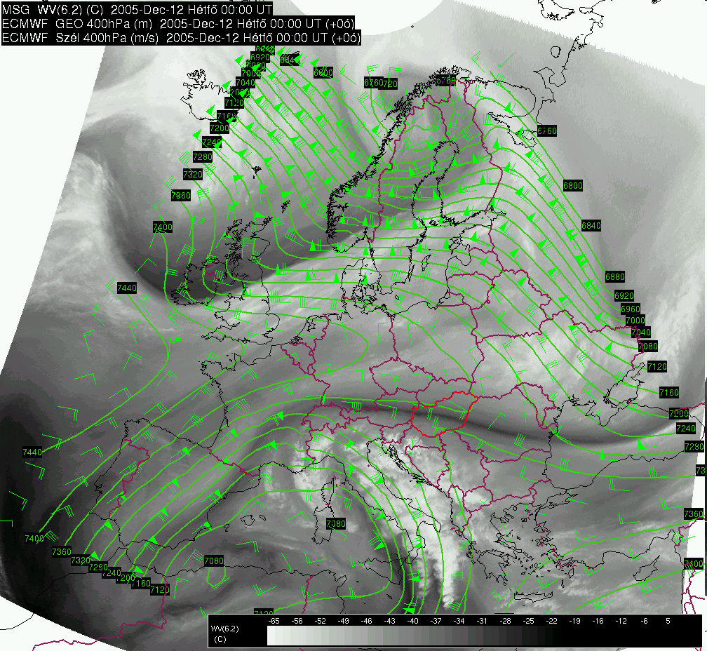 Deformációs zóna megjelenése vízgőzképen Alkalmazás: turbulencia (CAT) a felső troposzférában Deformációs zóna megjelenése a vízgőzképen WSHU31