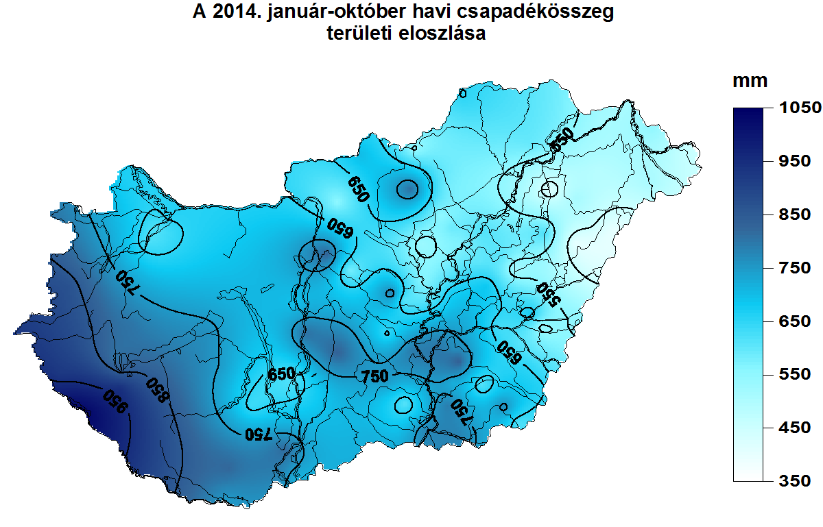 Léghőmérséklet Az október havi középhőmérséklet 7,9 C (Kékestető) és 13,6 C (Jánoshalma, Öregcsertő Csorna-puszta) között alakult, az országos területi átlagérték 12,0 C volt, ami 1,9 C-kal magasabb