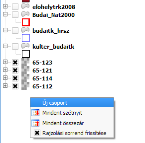 Réteg kezelés / Rétegek csoportosítása Feladat: Hozzáadott raszter rétegek csoportosítása. Csoportosíthatjuk a rétegeket a megjelenítési feladatok egyszerűsítése érdekében.